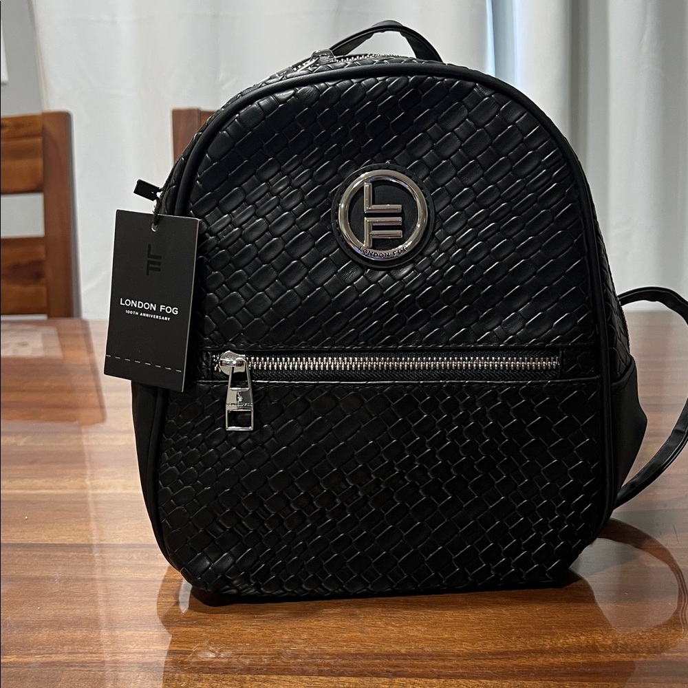 London Fog Black Woven Backpack Purse Vegan Leather NWT